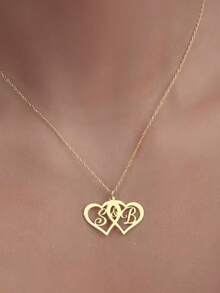 1pc Personalized Gold Heart And Initial Necklace - Intertwined Stainless Steel Love Pendant For Couples Or Best Friends - Customizable Jewelry Gift, Love Pendant Necklace - Multicolor - View 4