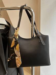 新款时尚高端图案多功能女士单肩包，便携大容量手提包，纯色单肩手提包，适合约会、购物、工作、通勤等场合。 - 黑色 - 查看 3