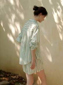 Women's Casual Elegant Asymmetrical Green Striped Shirt And Shorts Set, Fashion Loungewear Spring - Green - View 6