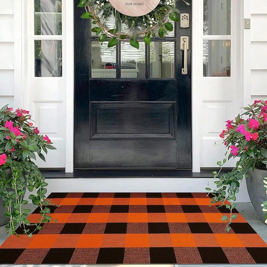 Fall Buffalo Plaid Check Rug Outdoor Doormat 27.5 X 43 Inches Washable Woven Outdoor Indoor Welcome Mats For Front Door/Farmhouse/Entryway/Home Entrance Black And Orange Outdoor Rug,One-Size,OrangeandBlack24inchx38inchRectangular - 橙黑相間 24 英吋 x 38 英吋長方形 - 查看 1