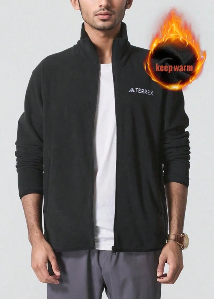 Adidas 男士抓绒外套 MT ESS FZ FL，舒适休闲日常穿着，单层羊羔绒外套，带弹性袖口和下摆，外套 JP0795 - 黑色 - 查看 1