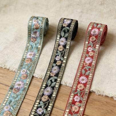 Dây ren thêu hoa phong cách Bohemian cổ điển rộng 1/5 inch, 4cm, đính kim sa vàng, ruy băng satin họa tiết hoa, thích hợp cho các dự án may vá thủ công, trang trí quần áo, dây đeo túi xách và phụ kiện trang trí nhà cửa.