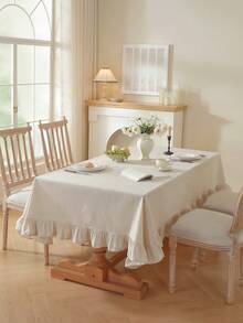 1pc Plain Ruffle Trim Tablecloth - Beige - View 1