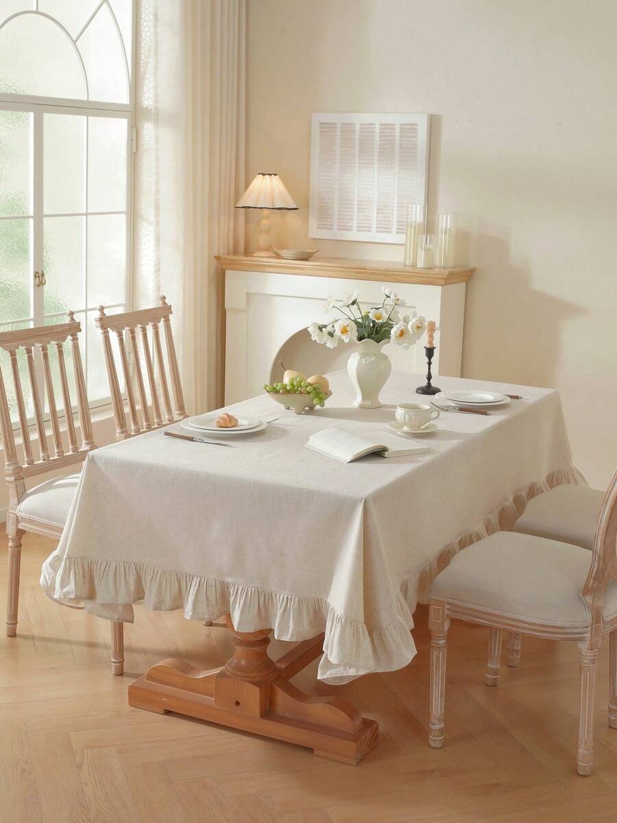 1pc Plain Ruffle Trim Tablecloth - Beige - View 1