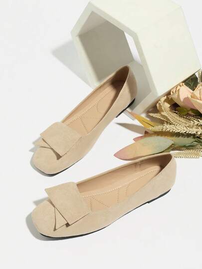 Plus Size Bow Decor Mary Jane Shoes For Women, Comfortable Casual Slip-On Soft Square Toe Low Heel Shoes, Apricot Color, Spring/Autumn