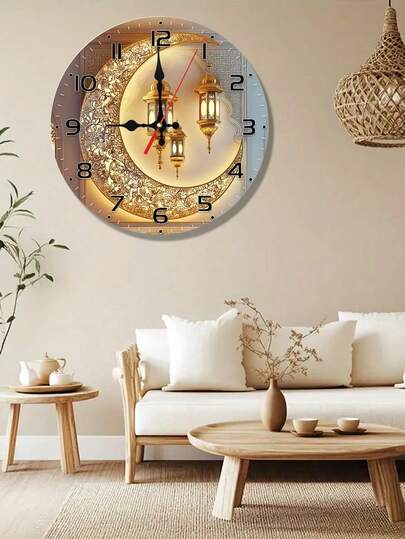 1pc 10"/12" Silent Moon Lantern Clock, Gold Moon Lantern Eid Hanging Clock, Round Wooden Face, Islamic Architecture Design | Battery Powered (Batteries Not Included) | Suitable For Study Or Living Room Decor, Holiday Gift