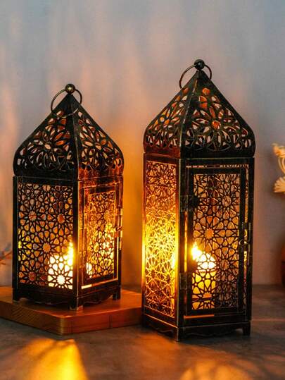 1pc/2pcs Large Moroccan Lantern Candle Holder, Suitable For Ramadan Decoration, Hanging, Outdoor Patio Or Porch, Indoor Home Decor, Wedding, Black