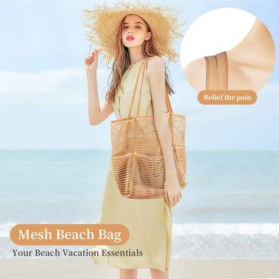 1 chiếc túi lưới đi biển dành cho nữ, túi đeo vai, thích hợp cho dã ngoại, hồ bơi, du lịch giải trí, kỳ nghỉ biển, túi đi biển gấp gọn dung tích lớn, có túi khóa kéo, túi nhỏ chống thấm nước và chống cát, túi đi biển dành cho nữ, thích hợp cho dã ngoại, kỳ nghỉ, bơi lội, du lịch biển, túi đựng đồ.