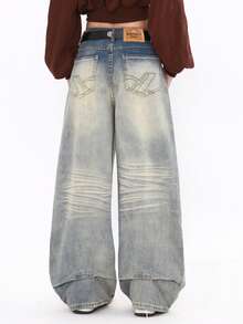 Vintage Washed Cat Whisker Low Waist Wide Leg Jeans Spring Casual - Blue - View 9