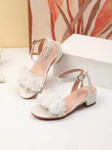 1 Par de Sandálias de Salto Alto Elegantes de Tecido Floral, Sapatos de Dança de Salto Alto para Meninas, Sandálias para Apresentação e Uso Diário de Estudantes, Sapatos de Casamento