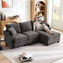 L-Förmiges Ecksofa, Umwandelbares 3-Sitzer-Sofa Mit Fußhocker, Getränkehalter, USB-Ladegerät, Armlehnenablage Und 2 Kissen, Geeignet Für Wohnzimmer/Büro/Wohnung, Dark Gray - Dark Gray - View 5