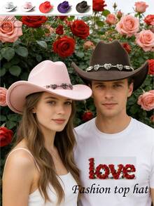 1pc Unisex Solid Color Western Cowboy Hat, Soft Wool Felt Material, Heart Rhinestone Metal Star Beaded Decor, Suitable For Back To School, Party, Western Theme Event, Gathering, Valentine's Day, Graduation, Masquerade, Holiday, Birthday, Music Festival, Mother's Day, Travel, Hiking, Daily Wear, Fashion & Versatile - Style 1 - View 11