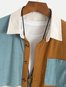 Camisa de pana de manga corta con bolsillo, estilo minimalista con parches y contraste de colores, adecuada para uso casual en verano y múltiples ocasiones - Albaricoque - Ver 4