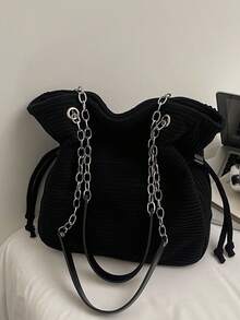 秋冬新款灯芯绒简约大容量单肩手提包，女士适用，适合外出、旅行，可装笔记本电脑和衣物 - 黑色 - 查看 3