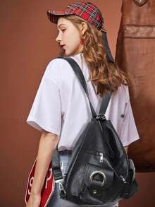 这款时尚简约的大容量女士通勤单肩包采用PU材质，配有镂空铆钉拉链，并附带双肩带和手提带。它适合旅行、通勤和学生使用，既可作为旅行背包，也可作为休闲背包。 - 黑色 - 查看 4