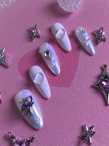 10 piezas Pegatinas de arte de uñas para mujeres, puntas de uñas con forma de almendra, decoraciones de uñas hechas a mano exquisitas, con un color base degradado de azul y blanco soñador, adornado con pequeños detalles como estrellas, perlas falsas y corazones. Cada pieza tiene un diseño único y una textura excelente. Este conjunto de uñas postizas acrílicas brillantes y reutilizables de cobertura total incluye pegamento para uñas y es perfecto para el Día de San Valentín, fiestas de cumpleaños, uso diario, colección o como regalo. - Multicolor - Ver 6