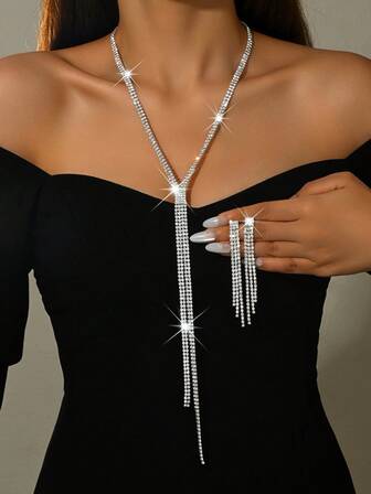 Conjunto de joyas con borlas de strass para novia - Collar largo en forma de Y y aretes, accesorios glamorosos para novias y damas de honor