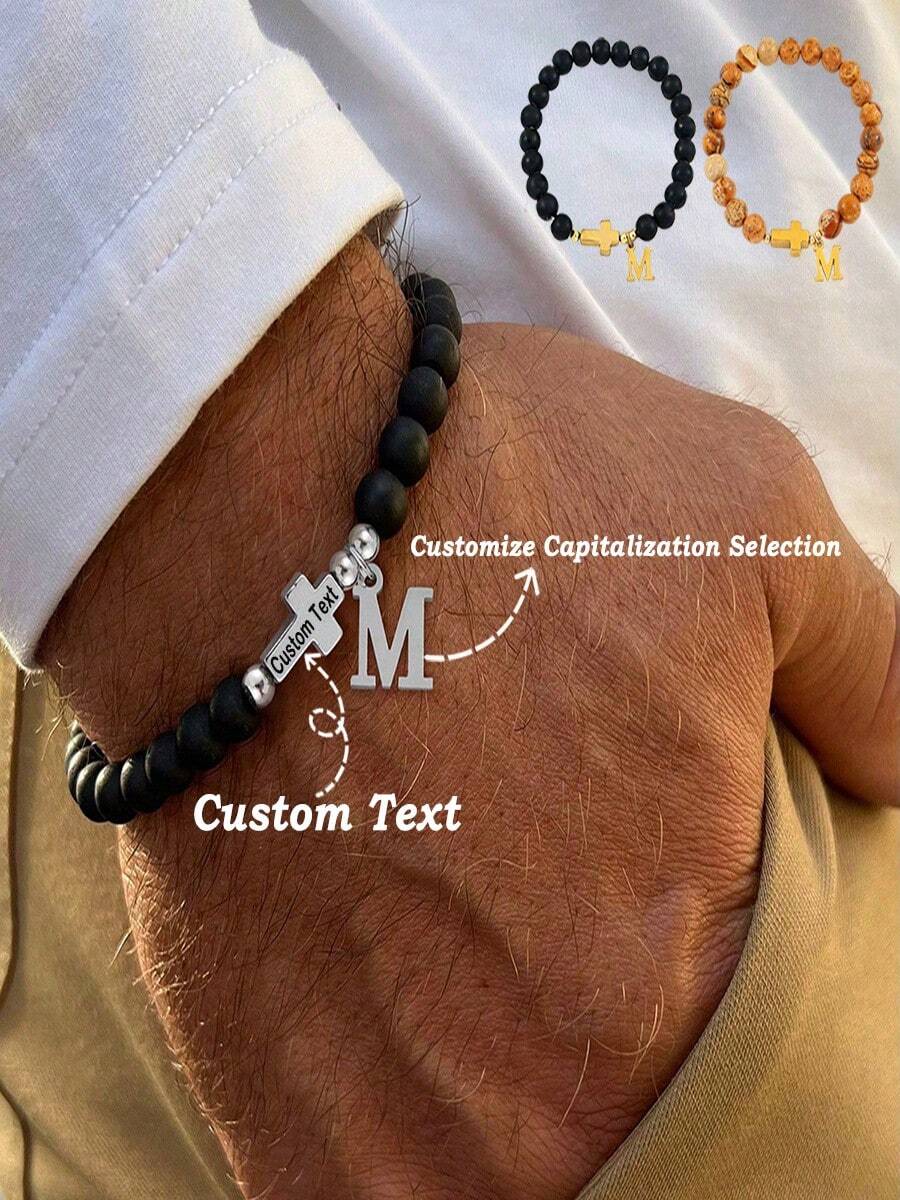1pc New Silver Color Stainless Steel Initial Cross Matte Stone Beaded Bracelet For Men - Multicolor - View 1