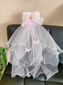 1个女童薄纱蝴蝶结发夹，公主面纱头饰，飘逸丝带马尾夹发饰 - 彩色 - 查看 7