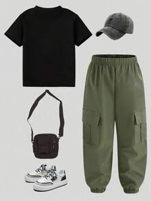 Young Boy Cartoon Print Round Neck Short Sleeve Top And Cargo Pants Set - Black - View 2