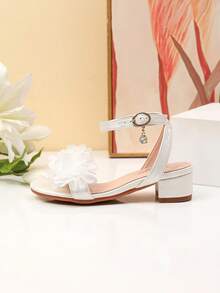 1 Par de Sandálias de Salto Alto Elegantes de Tecido Floral, Sapatos de Dança de Salto Alto para Meninas, Sandálias para Apresentação e Uso Diário de Estudantes, Sapatos de Casamento