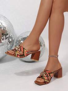 女士热带印花套脚高跟凉鞋，方头，沙滩装，春夏秋季 - 棕色 - 查看 7