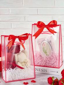 20/10个装可重复使用透明塑料礼品袋，带提手和丝带，PP材质，适用于情人节、婚礼、新娘送礼会、生日、洗礼、性别揭晓派对和小规模商务活动，有两种尺寸可选（红色） - 彩色 - 查看 3