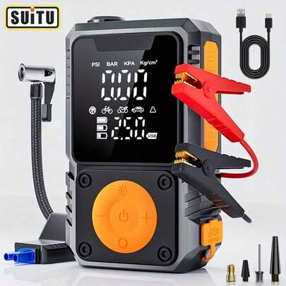 14.8V 1500mAh 便携式移动电源，12V 多功能汽车电池充电器/轮胎充气泵（带空气压缩机），150PSI 数字轮胎充气泵（带压力表和 LED 工作灯），无线应急启动器（适用于汽车/车辆/摩托车/拖拉机）。汽车配件/礼品。（注：仅充气泵型号为 7.4V 2000mAh）