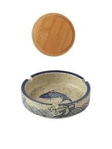 Ceramic Ashtray With Lid, Ink Painting Ashtray, Round Ashtray With Anti-Ash Design, Thick And Easy To Clean, Japanese Mid-To-High-End Ashtray, Retro Tea Room Ashtray, Creative Ashtray, Suitable For Home Living Room, Hotel Restaurant And Tea Room