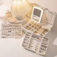 JewelryStorageBoxLEDMirror LED 紧凑型多功能 3 色可调节化妆镜和珠宝盒组合，照亮您的美丽，防水、防尘，适用于化妆品、耳环、戒指和珠宝收纳，阳光旅行凉爽返校