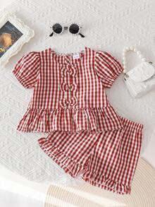 2pcs Baby Girls' 3D Bow Striped Top And Ruffle Shorts Set, Casual Cute Outfit Suitable For Outdoor Play, Sweet & Cool Style - Red - View 1