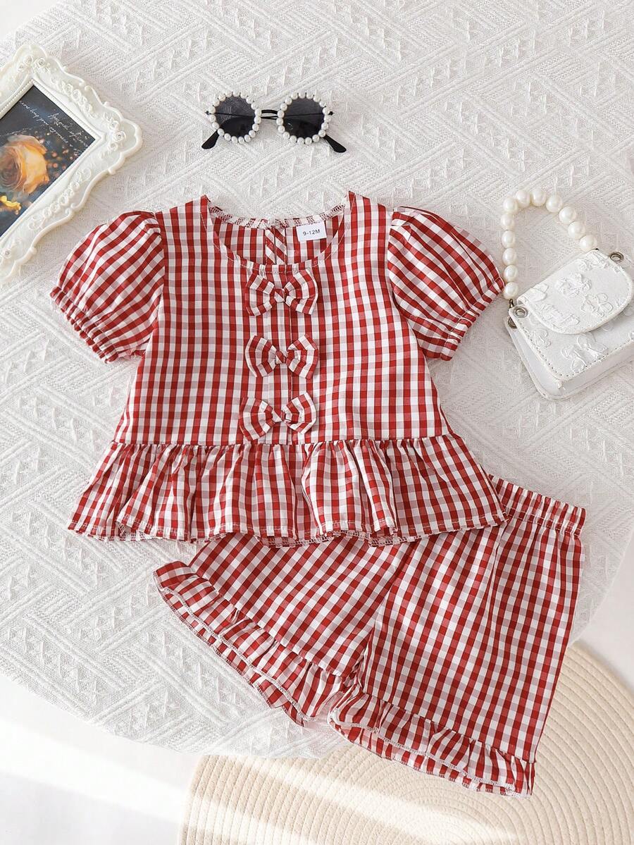 2pcs Baby Girls' 3D Bow Striped Top And Ruffle Shorts Set, Casual Cute Outfit Suitable For Outdoor Play, Sweet & Cool Style - Red - View 1