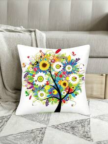 1pc Floral & Tree Print Decorative Pillow Cover, Colorful Flower Cushion Cover For Sofa, Chair, Bedroom, Living Room - Multicolor - View 3