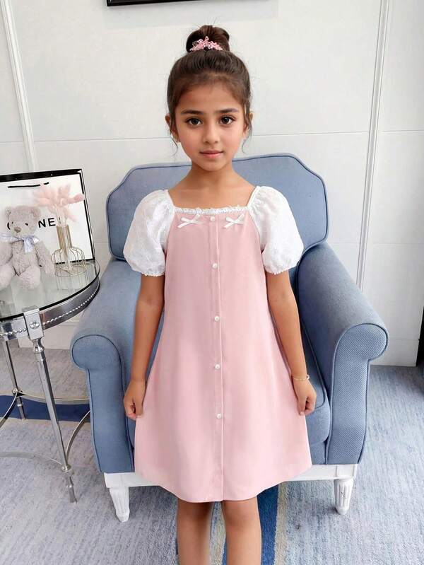 Girls' Casual Pink Puff Sleeve Dress, Girls' Lace Short Sleeve Patchwork Dress