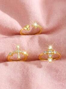 1pc Exquisite Sparkling Pave Zirconia Heart & Cross Ring For Kids Fashion Delicate Party Banquet Vacation Shopping Dates Christmas Birthday Jewelry Gift For Daily Casual - Gold - View 2