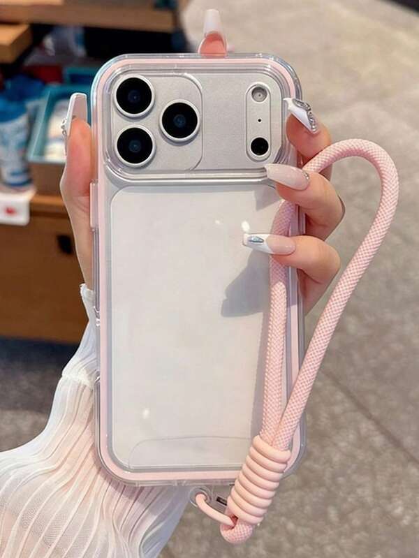 1 pieza Funda de teléfono con marco transparente rosa y correa para la muñeca, compatible con iPhone 17, 17 Pro Max, 17 Air, 16 Pro Max, 16 Pro, 16 Plus, 15 Pro Max, 15 Pro, 15 Plus, 12 Pro Max, 12 Pro, 12/11. Adecuado para niñas, se puede regalar a familiares, amigos, compañeros de clase y mejores amigos.