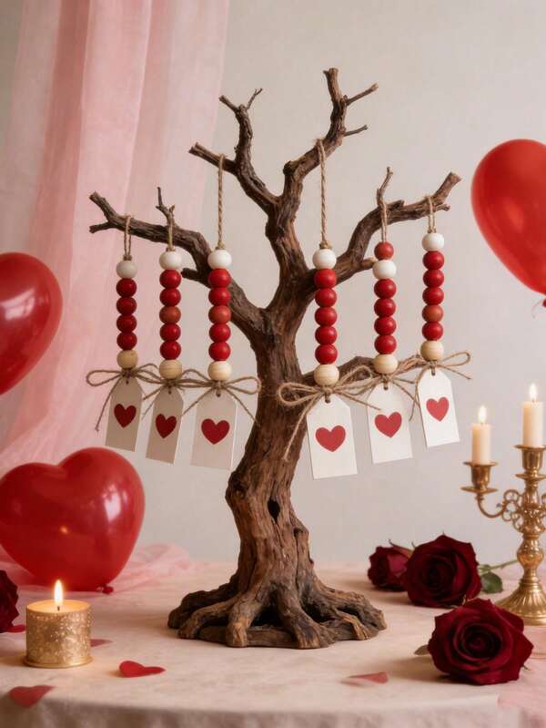 1/6pcs Wooden Heart-Shaped Red & White Beaded Tassel Wreath, Classic Valentine's Day Home Wall Decor, Wedding & Valentine's Day Tassel Beaded Heart Wooden Bead Decoration, Indoor & Wedding Room Ornament, Decorative Rustic Style Wooden Bead Wedding & Valentine's Day Decor, Couple Gift, Beaded Pendant Accessory, Love-Themed Home Hanging Decoration, Holiday Decor