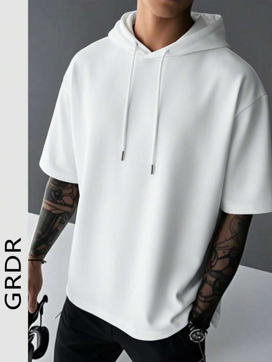 GRDR Herren einfarbiges T-Shirt mit Kapuze und Kordelzug, kurze Ärmel, geeignet für lässige Outdoor-Sommerbekleidung - Weiss - Übersicht 1