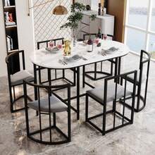 Six-Chair Dining Table Set: (White Table, Chairs With Backrests And Grey Cushions, Black Iron Frame), Dining Table And Chair Set, Modern Dining Table Combination (Previous Sku: 308399408AAS) - Black and White - View 4