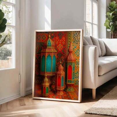 1pc Moroccan Lantern Digital Art Print: Islamic Geometric Decorative Canvas Wall Art, Fashionable Girl Art, Inspirational Quote Art, Home Decor, Canvas Wall Hanging, Ramadan Wall Art