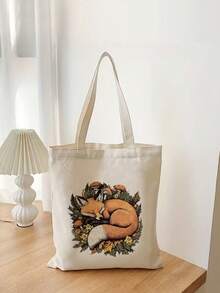 Retro Style Forest Themed Foldable Canvas Tote Bag, Cute Fox, Mushroom, Flower, Star & Moon Pattern Printed Canvas Shoulder Bag Tote Bag Storage Bag, Multifunctional Fashion Travel Shopping Handbag, Large Capacity Tote Bag Luggage Bag, Suitable For Men & Women Hiking Travel Leisure, Gift Idea, Back To School/Graduation Gift Travel Bag Duffle Bag Overnight Bag Durable Travel Organizer Cruise Essential Vacation Essentials For Men Women Travel Essential Holiday Essential Travel Must Haves - Beige - View 4