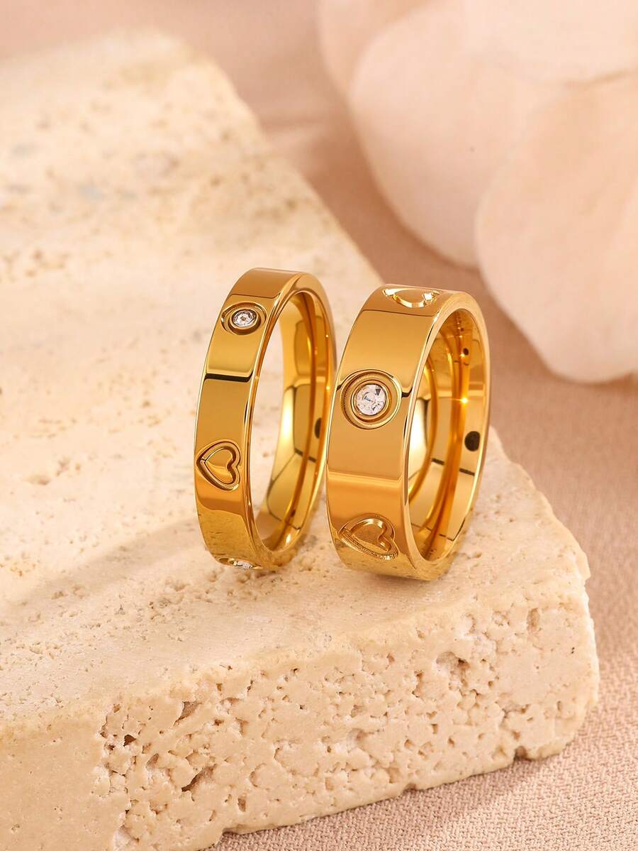 2 pièces Ensemble de bagues en forme de cœur élégantes plaquées or 18 carats, bagues de phalange réglables ornées de strass, convient pour un port quotidien, cadeau, bijoux imperméables et résistants à la décoloration pour femmes