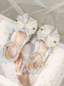 1 Pair Fashionable & Elegant Girls Princess Bow Rhinestone Summer Sandals, Casual Versatile Flat Slip-On Beach Shoes, Suitable For Toddler, Little & Big Kids - Silver - View 3