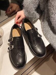 2026春季新款搭扣雕花布洛克乐福鞋软底平底学生鞋休闲英伦风女鞋 - 黑色 - 查看 2