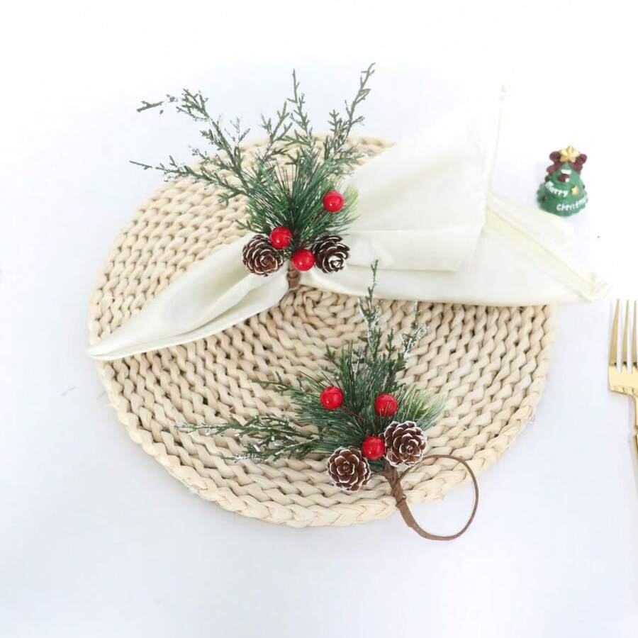 1-6pcs Christmas Snowflake Pine Needle Pine Cone Napkin Rings, Suitable For Christmas Family Gathering Party Decoration Napkin Holders - Multicolor - View 1