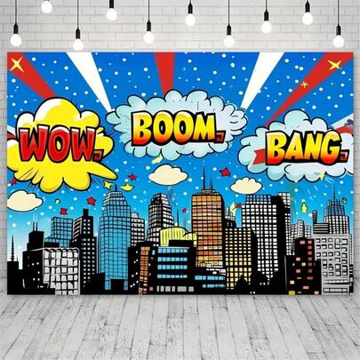 1pc Super Hero Theme Backdrop, Featuring Large Buildings And Clouds, Made Of Polyester Fabric, High-Definition Printing, Limited Time Discount, Suitable For Birthday Party, Yard, Home Wall Decor, And Photography.