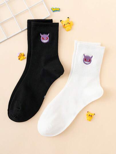  2 Pairs Men's Embroidered Pokemon Series Pattern Funny Cartoon Mid-Calf Socks, Unisex, Sporty Style, Suitable For All Seasons, European & American Sizes, Comfortable Breathable Durable, Vibrant Colors, Suitable For Daily Wear, Made Of Quality Fabrics, Non-Stuffy.