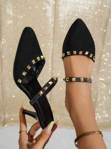 通勤个性黑色高跟尖头铆钉设计时尚优雅女士鞋，适合工作场所、街头、轻度派对等场合，舒适独特。 - 黑色 - 查看 1