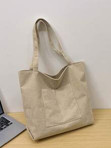 Solid Color Men's One Shoulder Tote Bag, Versatile Shopping Bag, Striped Large Capacity Canvas Bag - Beige - View 10