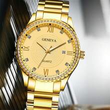 奢华全镶钻石英表，带月相显示和计时功能，节日送礼佳品 - 金色 - 查看 8